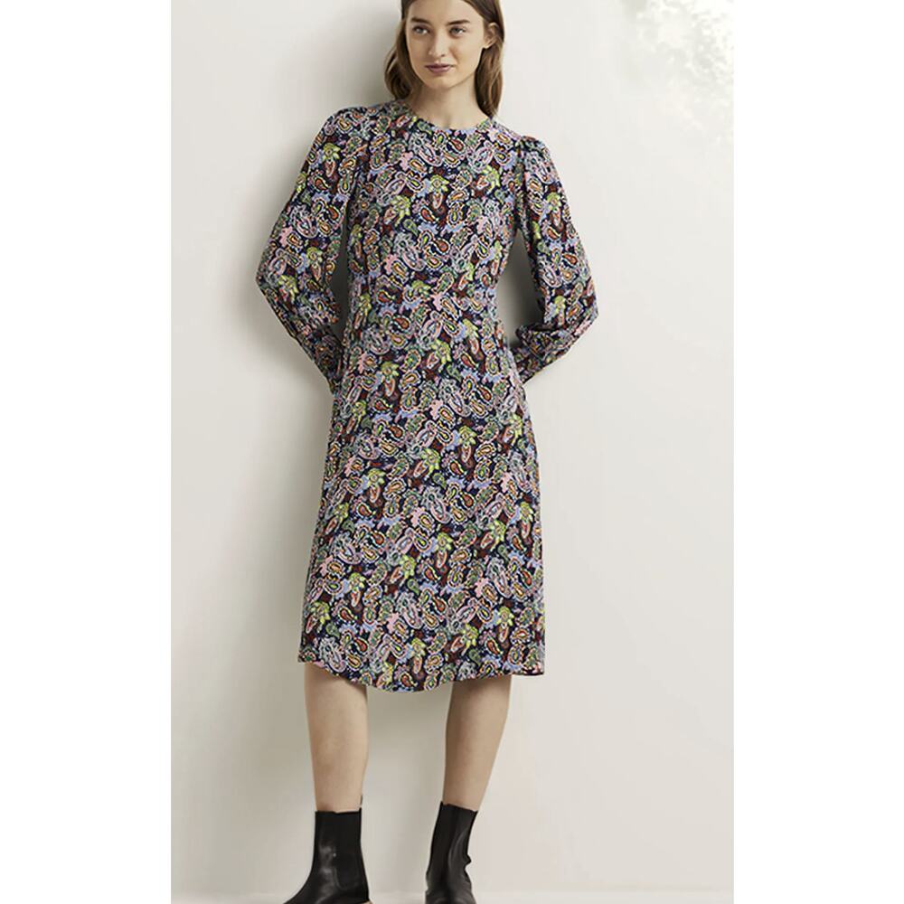 Boden  Smocked Cuff Paisley Midi Dress in Navy